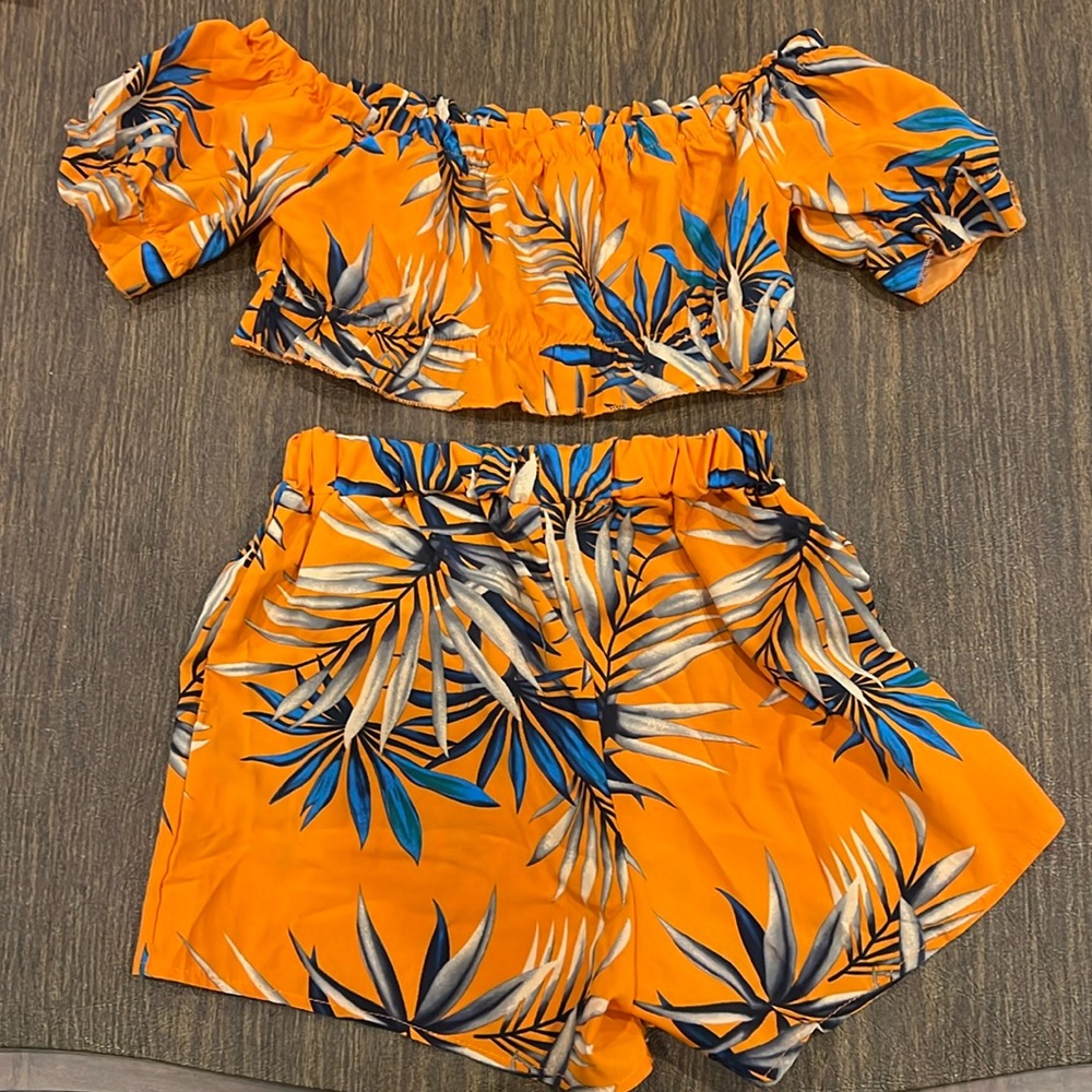 Matching Set Orange Shorts and Off the Shoulder Top